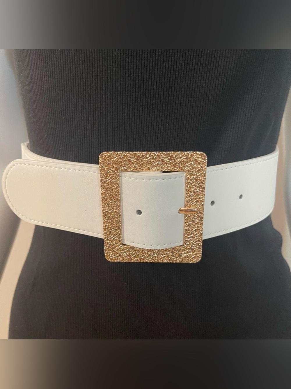 Plus size white PU leather gold tone square buckle elastic waistband belt